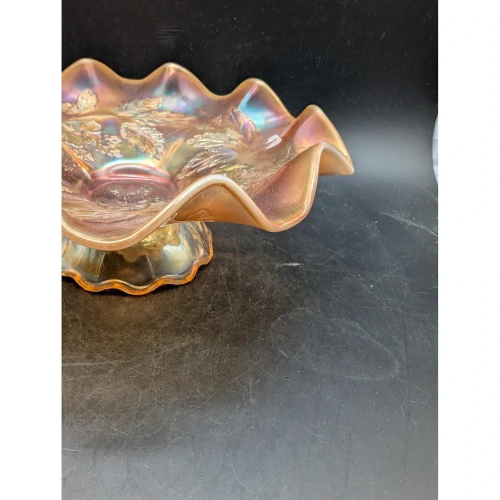 Dugan Dogwood Sprays Marigold‎ Carnival Glass Footed Ruffled Bowl 9